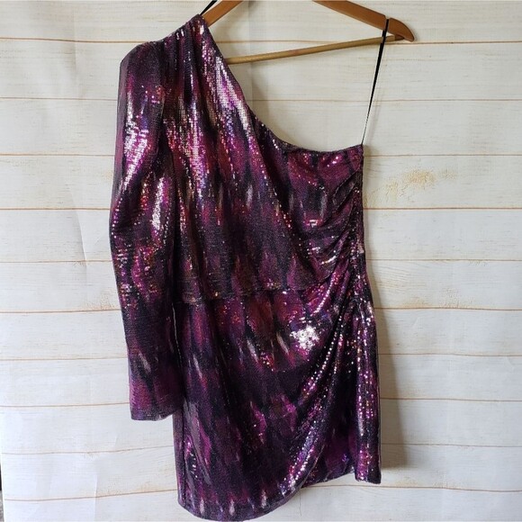 Misa Nova One Shoulder Long Sleeve Sequin Mini Dress Party New Year Lined Medium - Picture 6 of 11